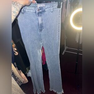 Blank Paige Light Blue Boot-Cut Jeans with Frayed Hem